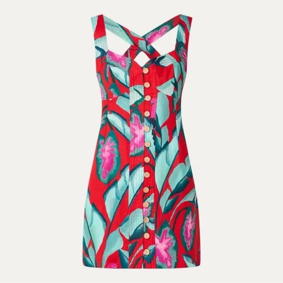 FARM Rio Summer Foliage Cross Back Mini Dress Red Medium NWT - Picture 14 of 16